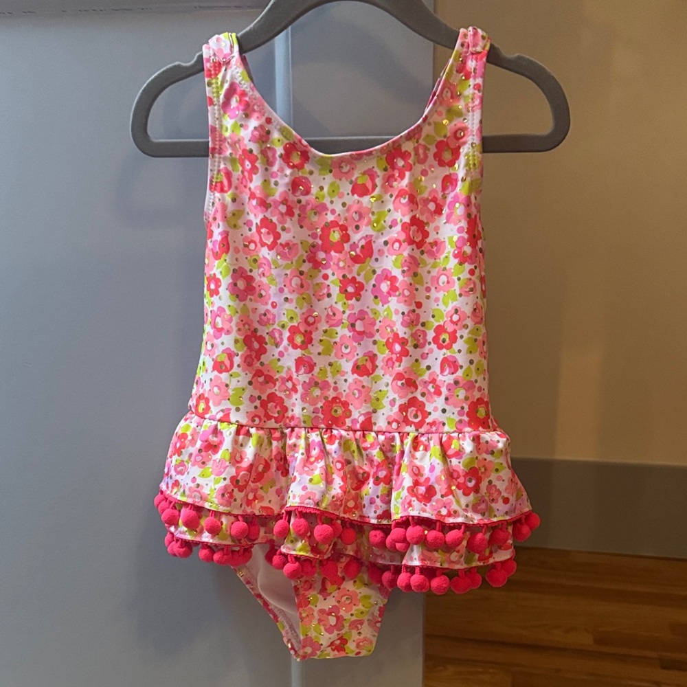 Girls Pink Floral Pom-Pom Ruffle One-Piece Swimsuit